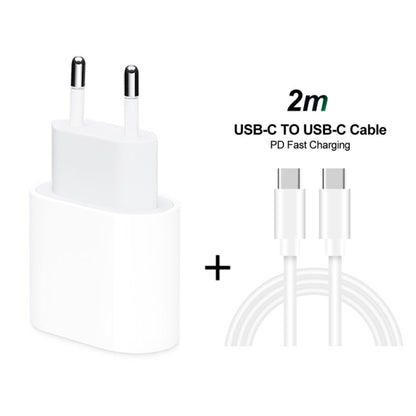 2 in 1 PD 20W Single USB-C / Type-C Port Travel Charger + 3A PD3.0 USB-C / Type-C to USB-C / Type-C Fast Charge Data Cable Set, Cable Length: 2m, EU Plug, 20W 2m