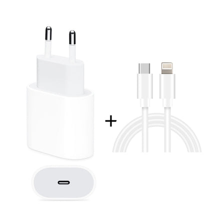 2 in 1 PD 20W Single USB-C / Type-C Port Travel Charger + 3A PD3.0 USB-C / Type-C to 8 Pin Fast Charge Data Cable Set, Cable Length: 1m, EU Plug, 20W 1m