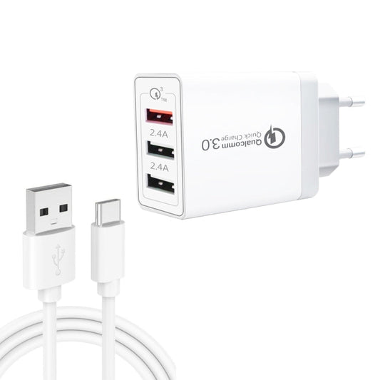 SDC-30W 2 in 1 USB to USB-C / Type-C Data Cable + 30W QC 3.0 USB + 2.4A Dual USB 2.0 Ports Mobile Phone Tablet PC Universal Quick Charger Travel Charger Set, EU Plug, with USB-C / Type-C Cable, EU Plug