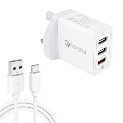 SDC-30W 2 in 1 USB to USB-C / Type-C Data Cable + 30W QC 3.0 USB + 2.4A Dual USB 2.0 Ports Mobile Phone Tablet PC Universal Quick Charger Travel Charger Set, UK Plug, with USB-C / Type-C Cable, UK Plug