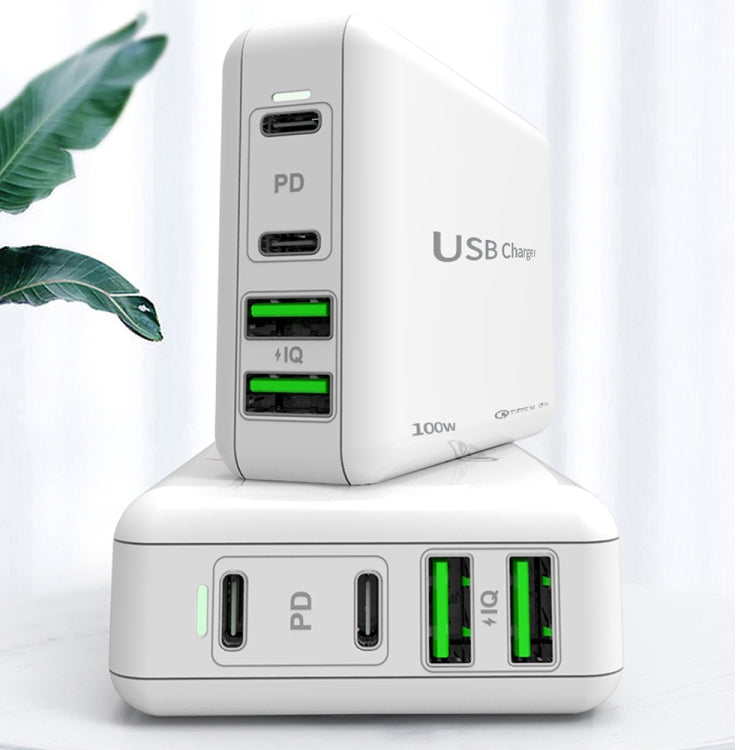 PD 100W Dual USB-C / Type-C + Dual USB 4-port Charger with Power Cable for Apple / Huawei / Samsung Laptop, EU Plug, US Plug, UK Plug