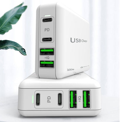 PD 100W Dual USB-C / Type-C + Dual USB 4-port Charger with Power Cable for Apple / Huawei / Samsung Laptop, EU Plug, US Plug, UK Plug