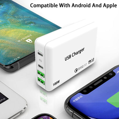 PD 100W Dual USB-C / Type-C + Dual USB 4-port Charger with Power Cable for Apple / Huawei / Samsung Laptop, EU Plug, US Plug, UK Plug