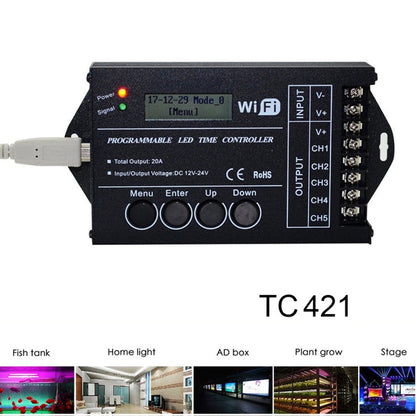TC421 20A WiFi Programmable 5CH RGB LED Time Controller for Aquarium, Fish Tank, Plant Growth, DC 12-24V