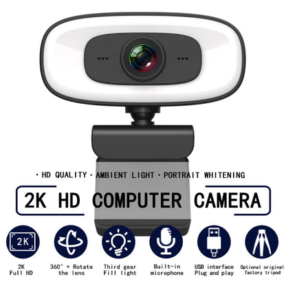 C10 2K HD Without Distortion 360 Degrees Rotate Three-speed Fill Light USB Free Drive Webcams, Built-in  Sound Clearer Microphone