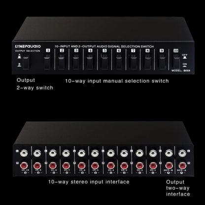 B059 10 In 2 Out / 2 In 10 Out 2-Way RCA Switch Audio Frequency Signal Select Shift Device Loudspeaker Box, B059