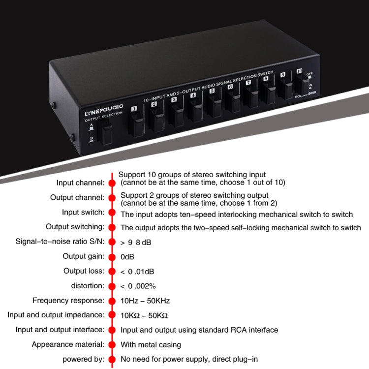 B059 10 In 2 Out / 2 In 10 Out 2-Way RCA Switch Audio Frequency Signal Select Shift Device Loudspeaker Box, B059