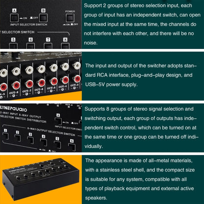 2 In 8 Out RCA Audio Frequency Signal Select Switch Distributor, 2 In 8 Out