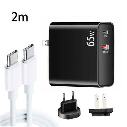 PD-65W USB-C / Type-C + QC3. 0 USB Laptop Charging Adapter + 2m USB-C / Type-C to USB-C / Type-C Data Cable Set, EU Plug / US Plug, USB-C / Type-C Cable, EU Plug / US Plug