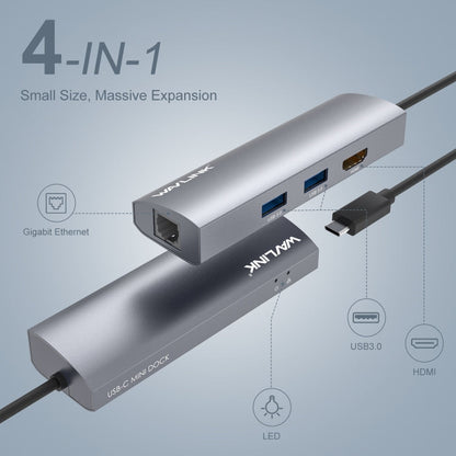 WAVLINK WL-UHP3408 USB HUB Adapter 4-in-1 Type-C to HD + 2xUSB3.0 + Gigabit RJ45 Docking Station, UHP3408