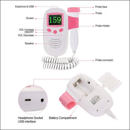 RZ-100S9 LED Fetal Doppler Ultrasound Sound Baby Heartbeat Detector Monitor Digital Prenatal Pocket Fetal Doppler Stethoscope, RZ-100S9