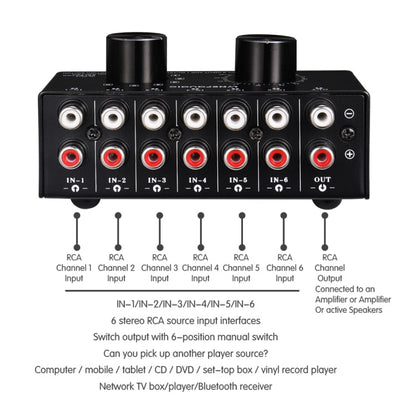 B016 6 Input 1 Output Audio Signal Source Selection Switcher, Output Volume Adjustment Control RCA Port, 6 Input 1 Output