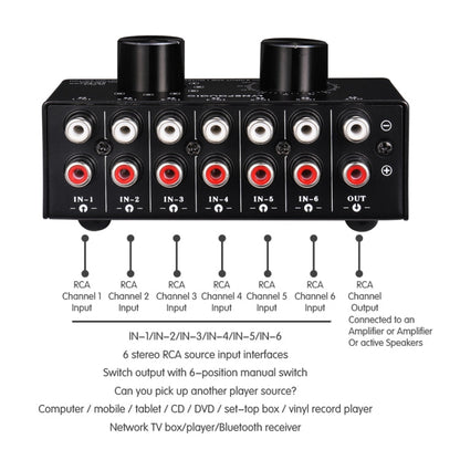 B016 6 Input 1 Output Audio Signal Source Selection Switcher, Output Volume Adjustment Control RCA Port, 6 Input 1 Output