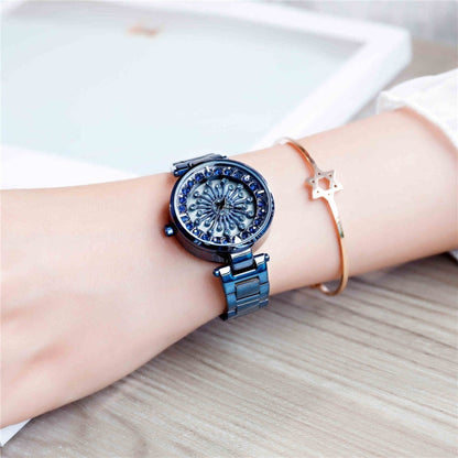 SANDA 1017 Lady Watch All Over The Sky Star 360 Degree Rotating Watch Diamond Steel Band Women Watch
