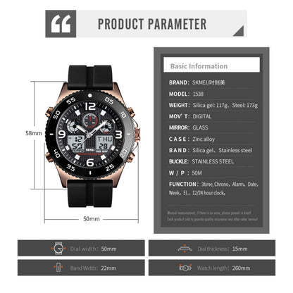 SKMEI 1538 Multi-Function Time Large Dial Steel Belt Men  Casual Sports Electronic Watch