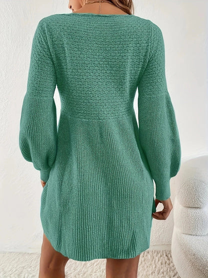 Knitted A-Line Sweater Dress – Long Sleeve Winter Waist Dress