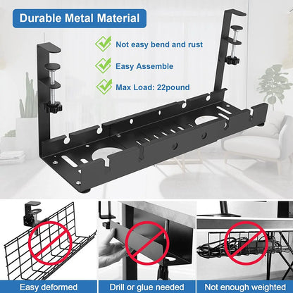 Telescopic Under Desk Cable Management Tray – Metal Under Table Storage Rack for Home Office, Router & Power Strip Organizer