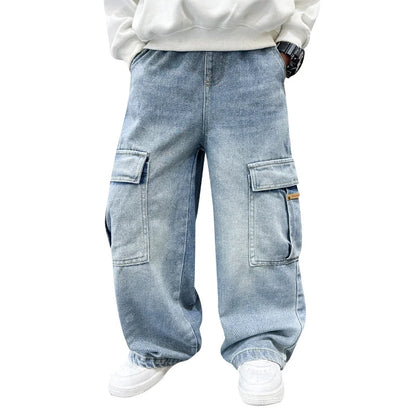 Boys Cargo Denim Jeans, Loose Fit Fashion Trousers