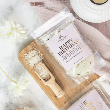 Happy Birthday Luxury Himalayan Bath Salts with Lavender, Jojoba Essential Oils with Lavender Seeds
