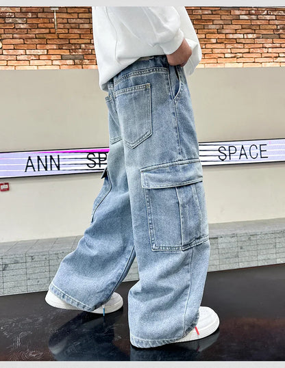 Boys Cargo Denim Jeans, Loose Fit Fashion Trousers