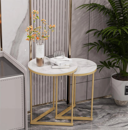 Round Nesting Sofa Side End Table with Gold Metal Frame, High Grade Marble Stone, Coffee Table, 2Pcs