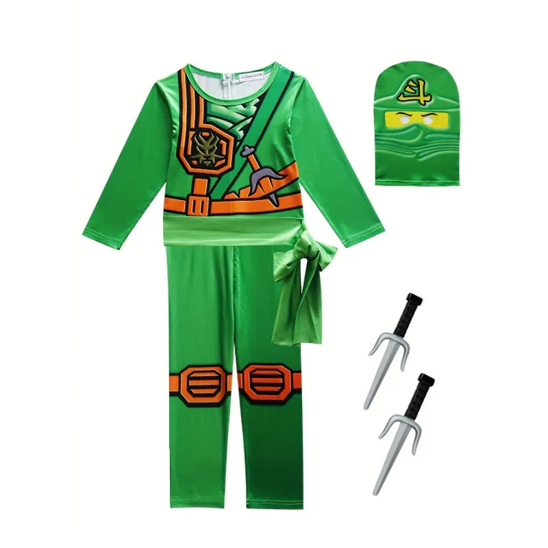 Boys Japanese Ninja Costume with Cartoon Anime Print Red Jumpsuit, Mask and Ninja Fork Accessory Set Halloween Dress Up Party