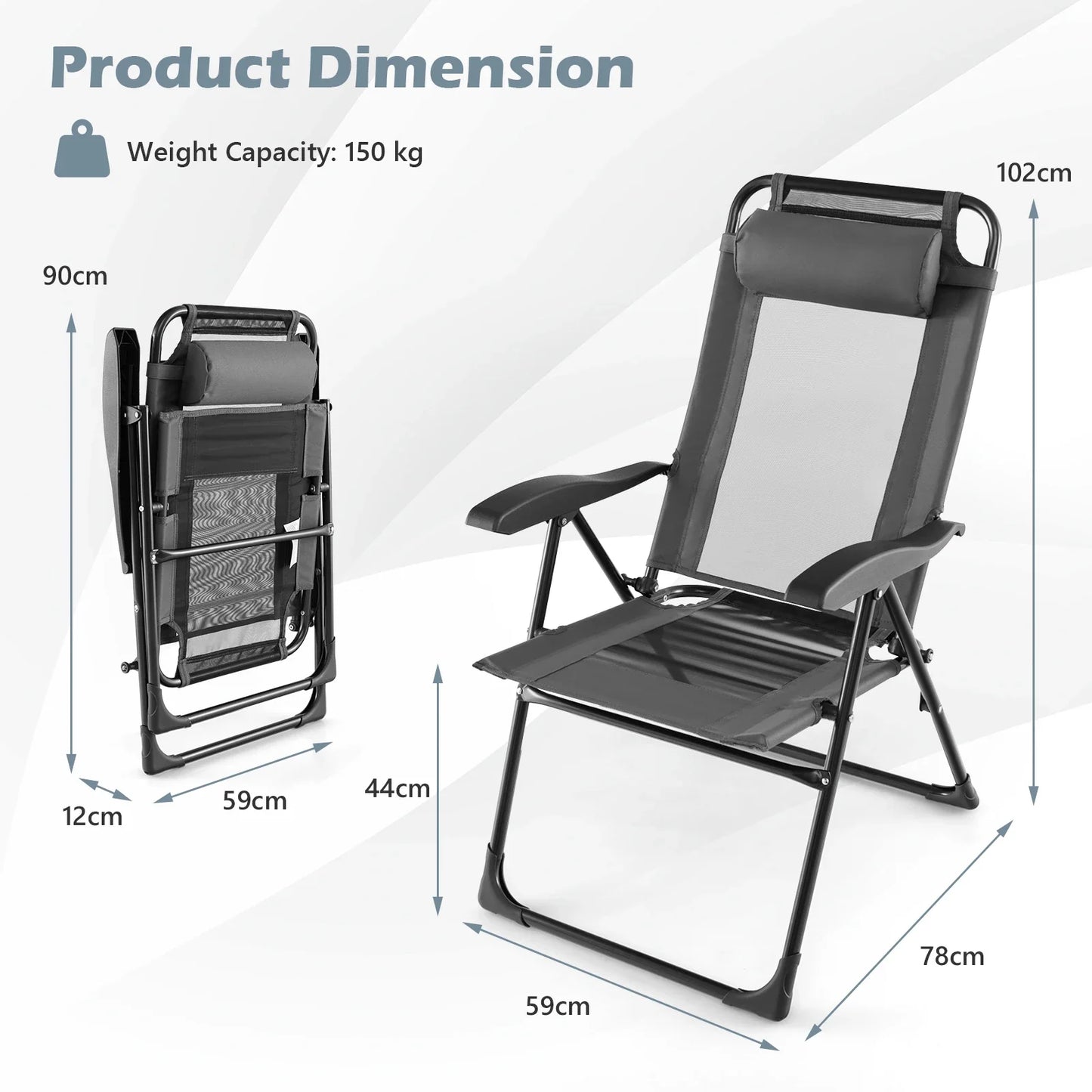 GOFLAME Patio Folding Chairs Set of 2, Outdoor Reclining Chairs w/ Wide Armrests & 7-Level Backrest