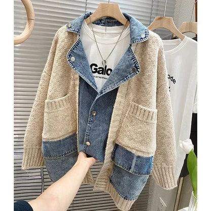 Women’s Denim Splice Knit Cardigan Jacket – Long Sleeve Oversized Patchwork Sweater Coat (Grey or Beige)