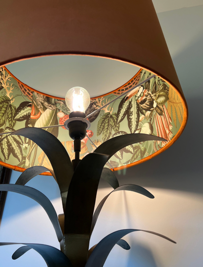Burnt orange velvet drum lampshade/ ceiling light shade with sage wonderland paper interior