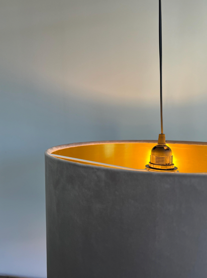 Grey velvet drum lampshade/ ceiling shade with a metallic brushed gold lining