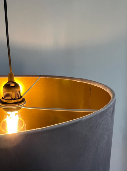 Grey velvet drum lampshade/ ceiling shade with a metallic brushed gold lining