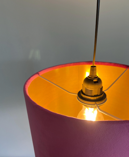 Hot Pink velvet drum lampshade/ ceiling shade with a metallic brushed gold lining