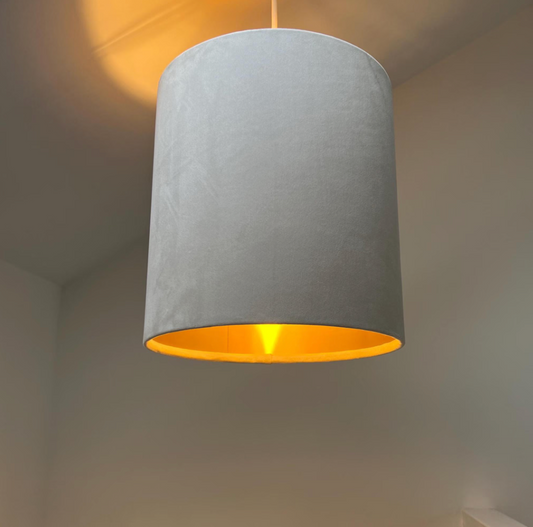 Cream velvet drum lampshade/ ceiling shade with a metallic brushed gold lining
