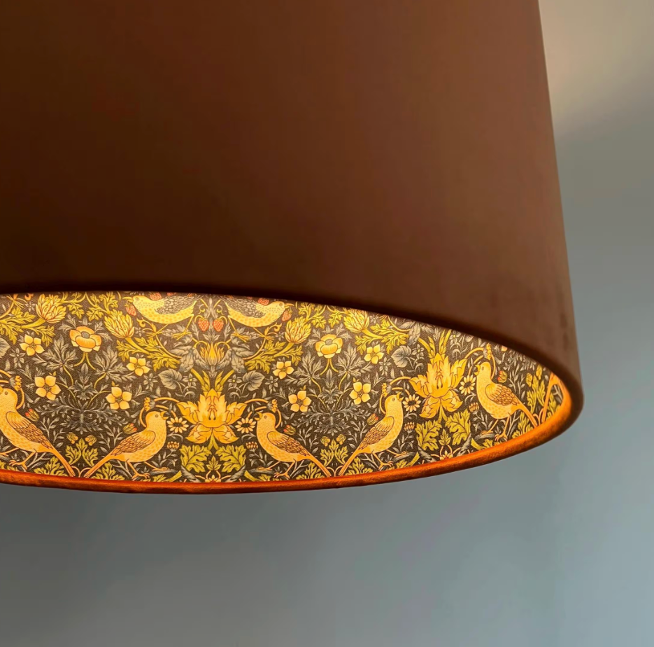 Burnt Orange Velvet & Navy Strawberry Thief Double Sided Drum Lampshade | Handmade Ceiling Light Shade | Bespoke UK