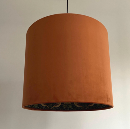 Burnt Orange Velvet & Navy Strawberry Thief Double Sided Drum Lampshade | Handmade Ceiling Light Shade | Bespoke UK