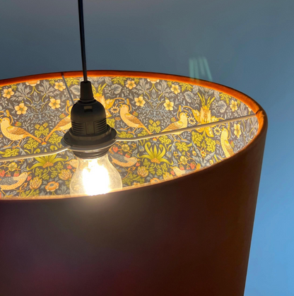 Burnt Orange Velvet & Navy Strawberry Thief Double Sided Drum Lampshade | Handmade Ceiling Light Shade | Bespoke UK