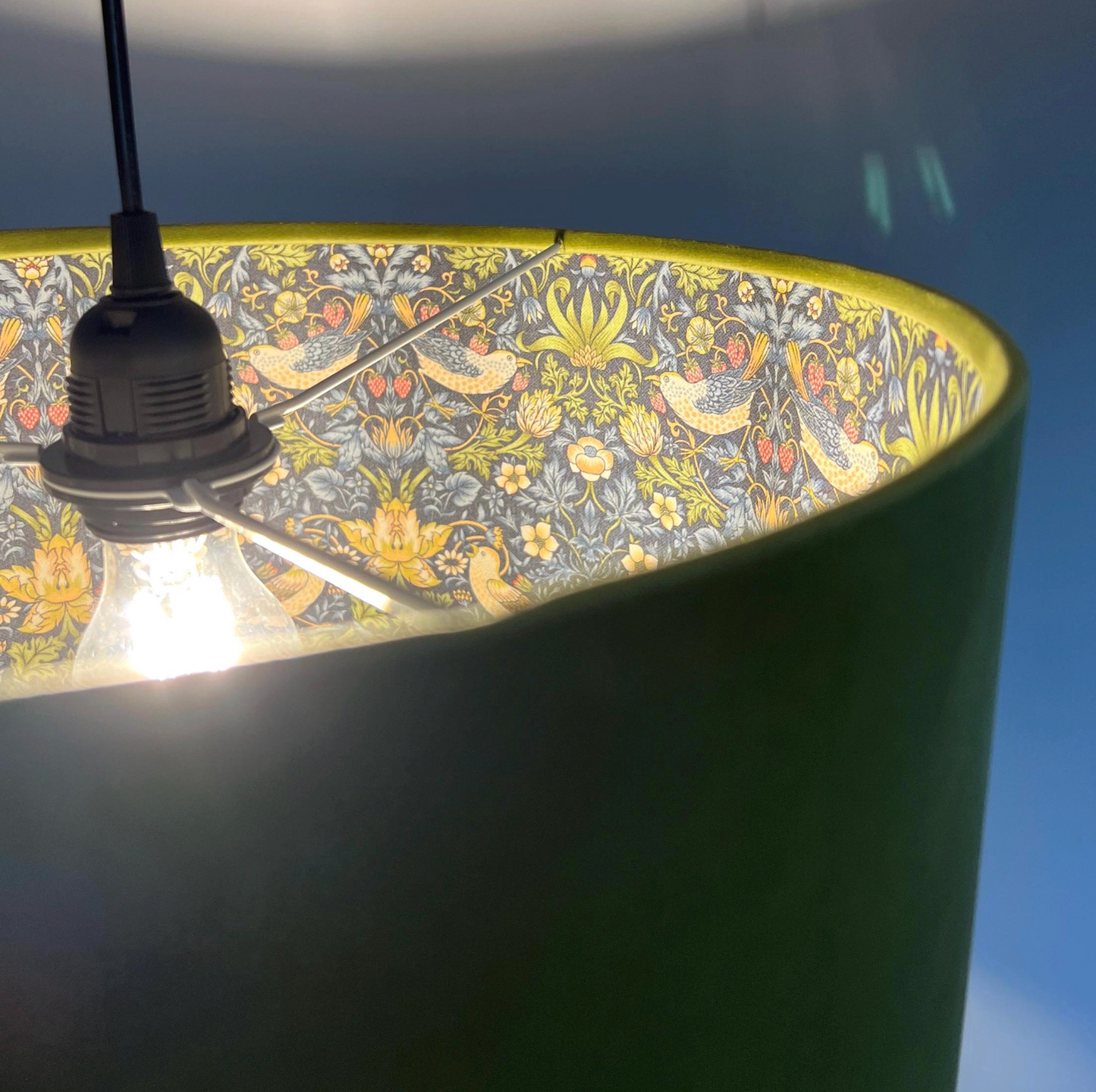 Olive Green Velvet & Navy Strawberry Thief Double Sided Drum Lampshade | Handmade Ceiling Light Shade | Bespoke UK