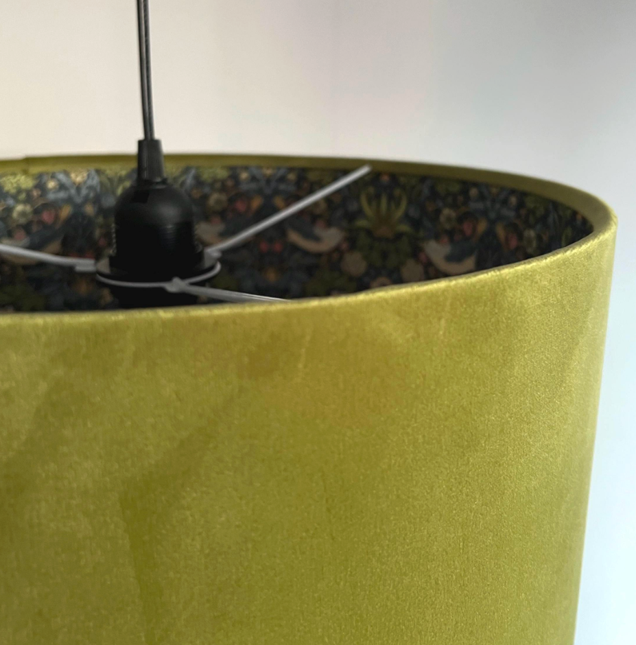 Olive Green Velvet & Navy Strawberry Thief Double Sided Drum Lampshade | Handmade Ceiling Light Shade | Bespoke UK