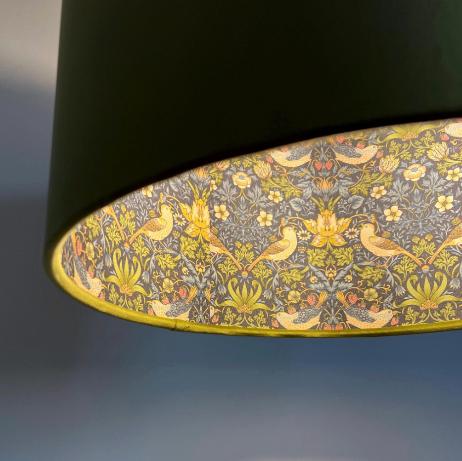 Olive Green Velvet & Navy Strawberry Thief Double Sided Drum Lampshade | Handmade Ceiling Light Shade | Bespoke UK