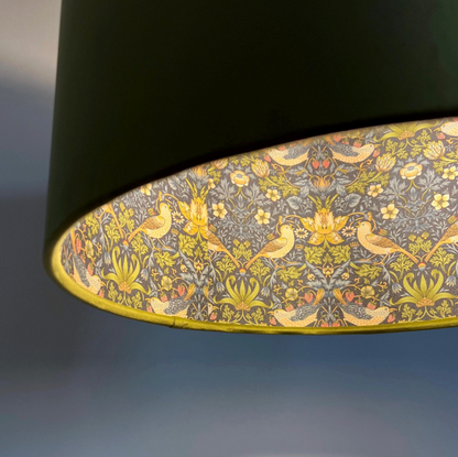 Olive Green Velvet & Navy Strawberry Thief Double Sided Drum Lampshade | Handmade Ceiling Light Shade | Bespoke UK