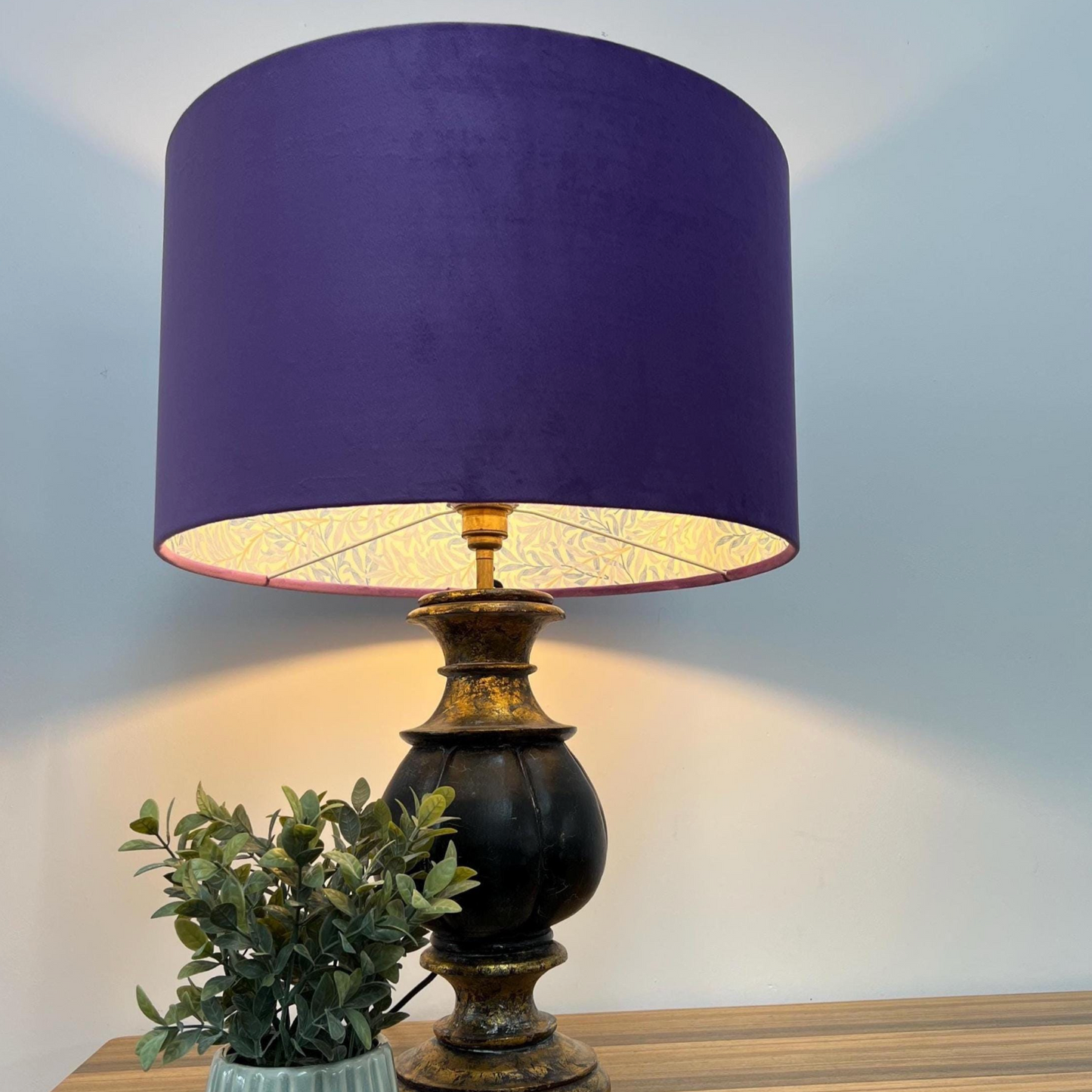 Purple Velvet & William Morris Blue Willow Leaves Double Sided Drum Lampshade | Handmade Ceiling Light Shade | Bespoke UK