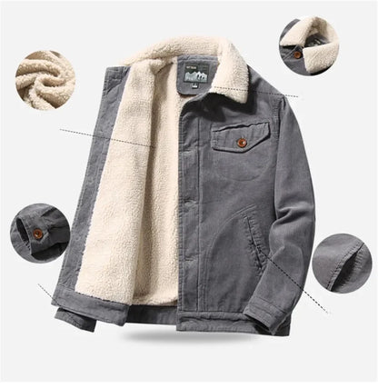 Men’s Corduroy Fleece-Lined Winter Jacket – Warm Casual Coat, Retro Korean Style in Grey, Green, Coffee & Tan