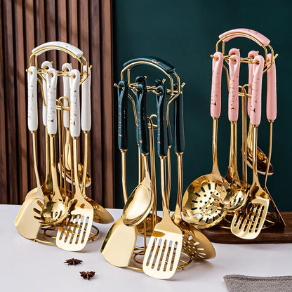 7-Piece Stainless Steel Spatula & Spoon Set with Heat-Resistant Ceramic Handles