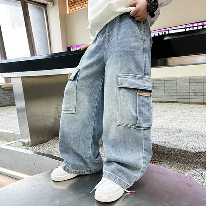 Boys Cargo Denim Jeans, Loose Fit Fashion Trousers