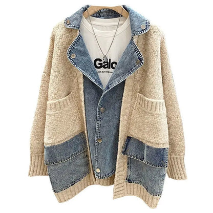 Women’s Denim Splice Knit Cardigan Jacket – Long Sleeve Oversized Patchwork Sweater Coat (Grey or Beige)