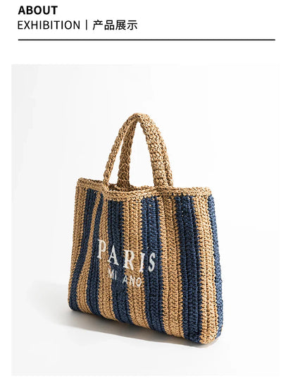 Women's Fashion Large Capacity Handmade Straw Knitting Tote Bag Summer Travel Beach Shoulder Bags Casual Simple Portable Handbag