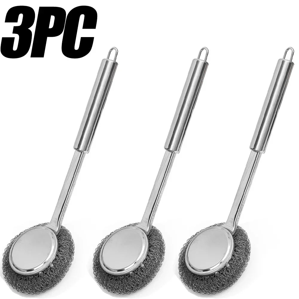 Stainless Steel Wire Brush with Long Handles Kitchen Replacement Steel Wool Wire Ball Dishwashing Brush Sink Countertop Cleaning
