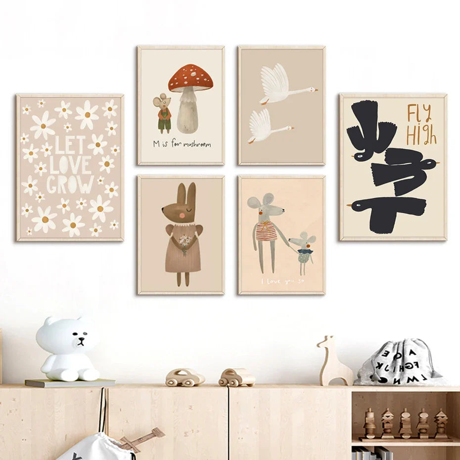 Boho Cartoon Animal Wall Art – Rabbit, Mouse & Goose Nursery Prints, Nordic Canvas Posters for Kids Room Décor