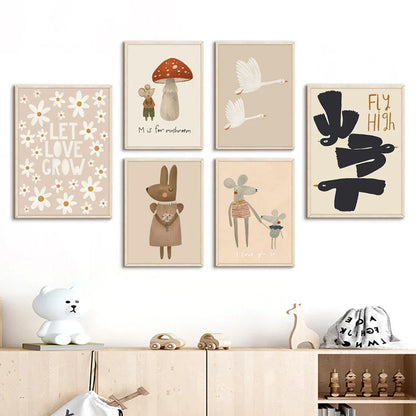 Boho Cartoon Animal Wall Art – Rabbit, Mouse & Goose Nursery Prints, Nordic Canvas Posters for Kids Room Décor