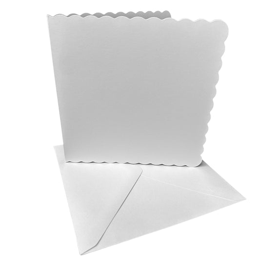 50 Pack - 6" x 6" White Scalloped Greeting Card Blanks & Envelopes - 300gsm